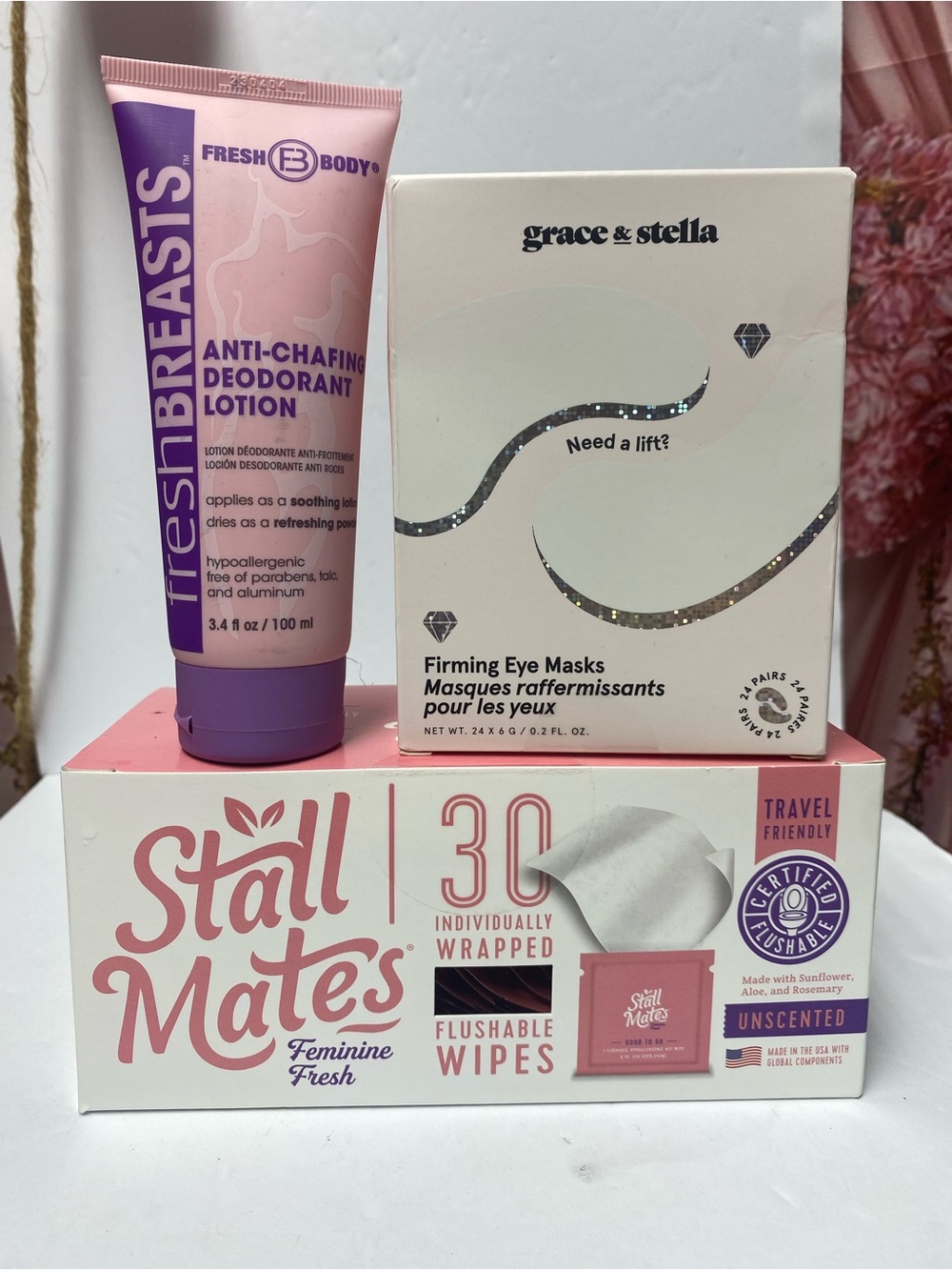 FreshBreasts Anti-Chafing Deodorant Lotion- bundle of 3 stall mates & eye masks
